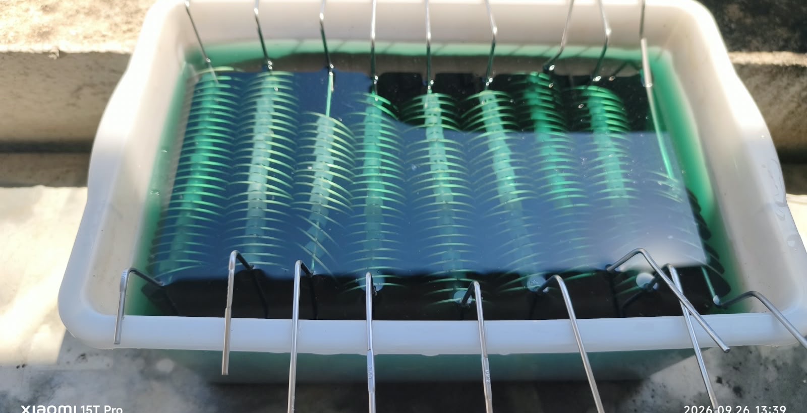 Capas de aço de 1 mm penduradas em ganchos dentro de um banho de decapagem ácida